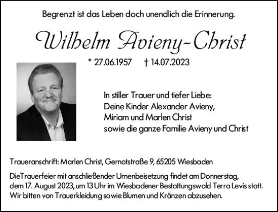 Traueranzeige von Wilhelm Avieny-Christ von Wiesbadener Kurier