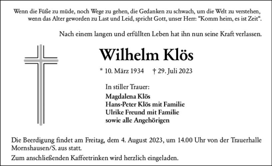 Traueranzeige von Wilhelm Klös von Hinterländer Anzeiger