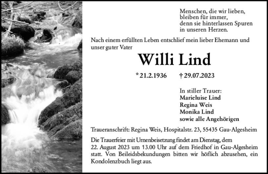 Traueranzeige von Willi Lind von Allgemeine Zeitung Mainz