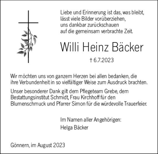 Traueranzeige von Willi Heinz Bäcker von Hinterländer Anzeiger