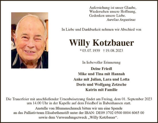Traueranzeige von Willy Kotzbauer von Darmstädter Echo
