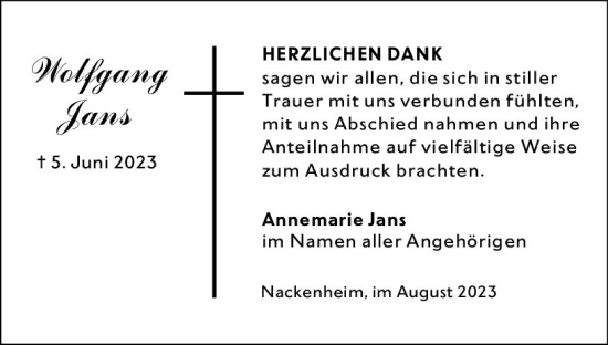 Traueranzeige von Wolfgang Jans von Allgemeine Zeitung Mainz