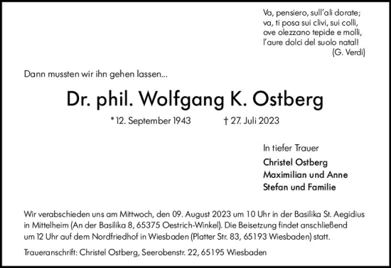 Traueranzeige von Wolfgang  Ostberg von Wiesbadener Kurier