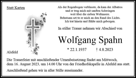 Traueranzeige von Wolfgang Spahn von VRM Trauer