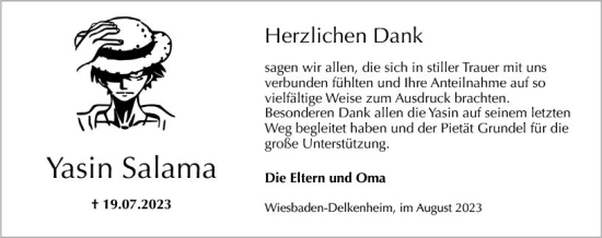 Traueranzeige von Yasin Salama von Wiesbadener Kurier