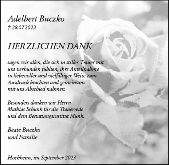 Traueranzeige von Adelbert Buczko von Hochheimer Zeitung