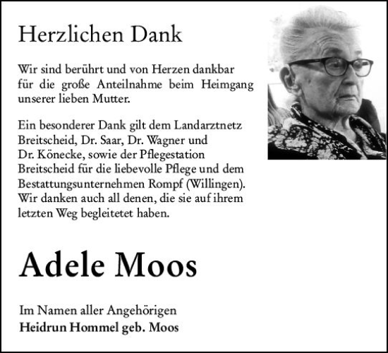 Traueranzeige von Adele Moos von Dill Block