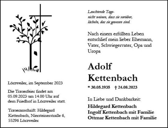 Traueranzeige von Adolf Kettenbach von Allgemeine Zeitung Mainz