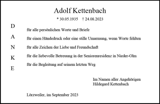 Traueranzeige von Adolf Kettenbach von Allgemeine Zeitung Mainz