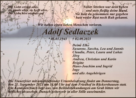 Traueranzeige von Adolf Sedlaczek von Weilburger Tageblatt