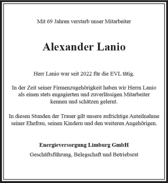 Traueranzeige von Alexander Lanio von Nassauische Neue Presse