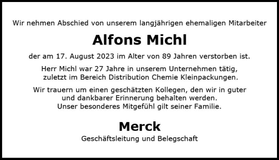 Traueranzeige von Alfons Michl von Darmstädter Echo