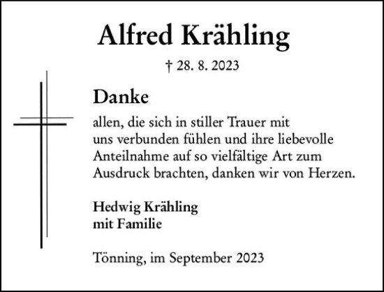 Traueranzeige von Alfred Krähling von Oberhessen Kurier