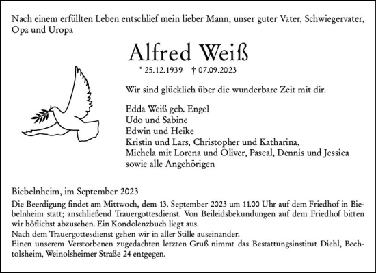 Traueranzeige von Alfred Weiß von Allgemeine Zeitung Alzey