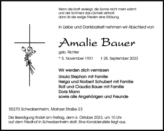 Traueranzeige von Amalie Bauer von Allgemeine Zeitung Bingen/Ingelheim