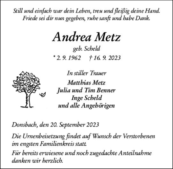 Traueranzeige von Andrea Metz von Dill Block