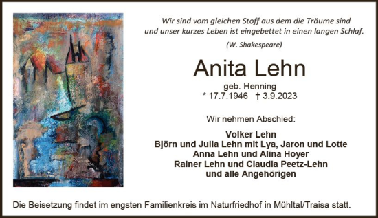 Traueranzeige von Anita Lehn von Darmstädter Echo