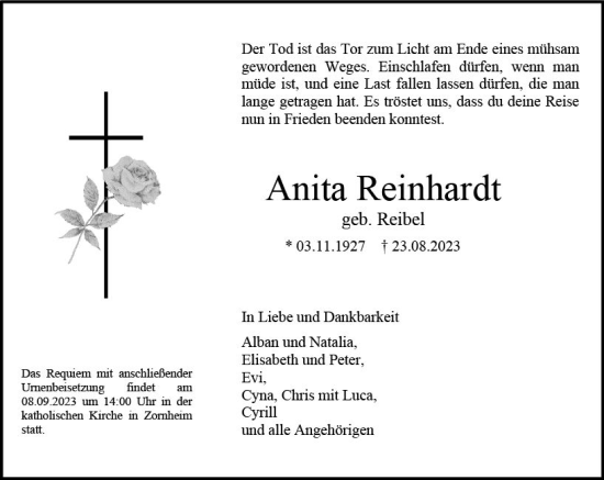 Traueranzeige von Anita Reinhardt von Allgemeine Zeitung Mainz