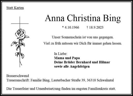 Traueranzeige von Anna Christina Bing von Oberhessen Kurier