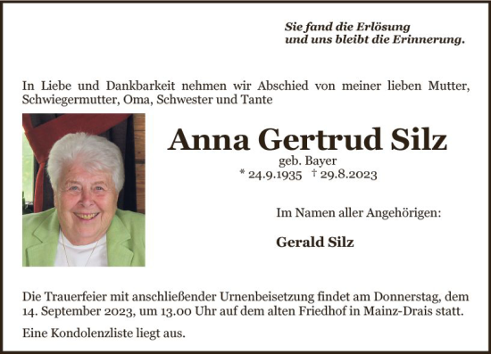 Traueranzeige von Anna Gertrud Silz von Allgemeine Zeitung Mainz