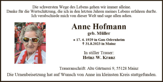 Traueranzeige von Anne Hofmann von Allgemeine Zeitung Mainz