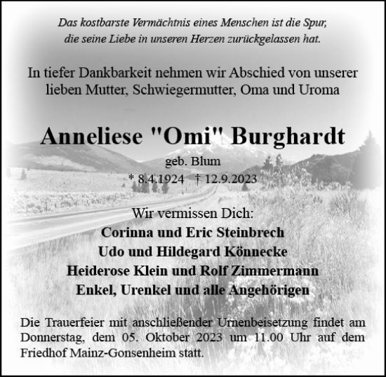 Traueranzeige von Anneliese Burghardt von Allgemeine Zeitung Mainz