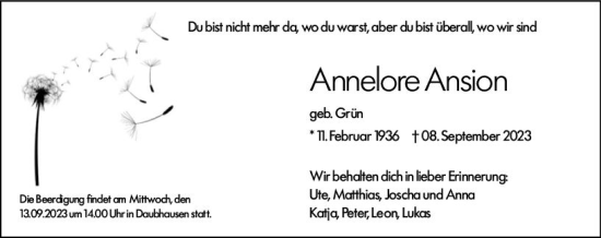 Traueranzeige von Annelore Ansion von Wetzlarer Neue Zeitung