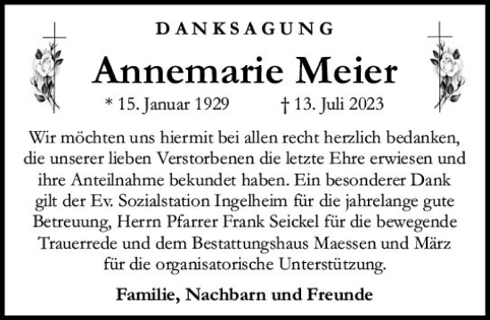 Traueranzeige von Annemarie Meier von Allgemeine Zeitung Bingen/Ingelheim