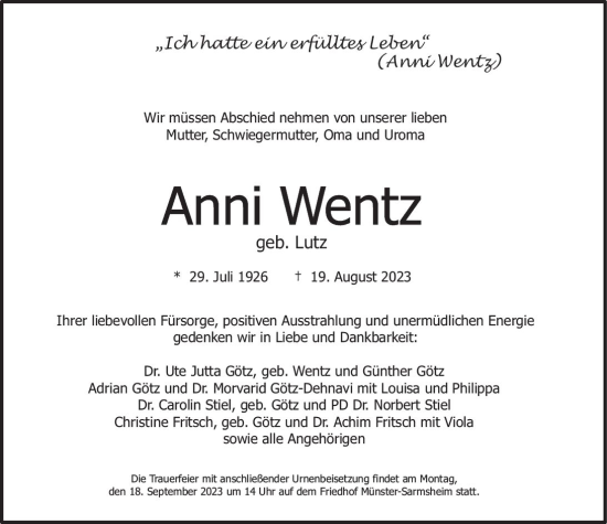 Traueranzeige von Anni Wentz von Allgemeine Zeitung Bingen/Ingelheim