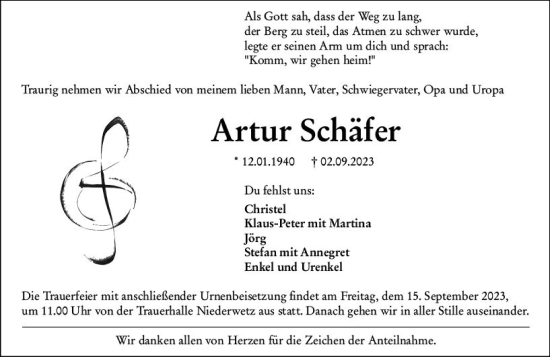 Traueranzeige von Artur Schäfer von Wetzlarer Neue Zeitung