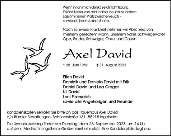 Traueranzeige von Axel David von Allgemeine Zeitung Bingen/Ingelheim