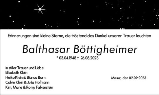 Traueranzeige von Balthasar Böttigheimer von Allgemeine Zeitung Mainz