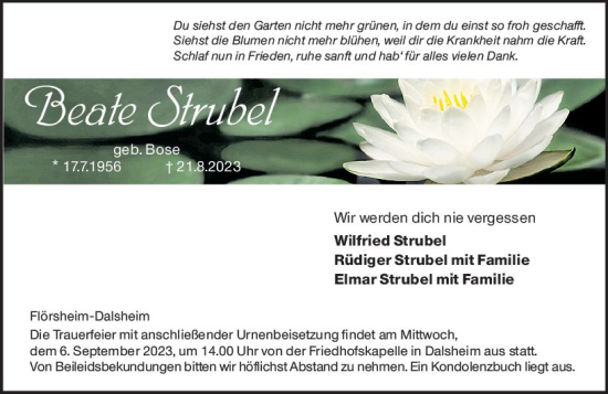 Traueranzeige von Beate Strubel von Wormser Zeitung