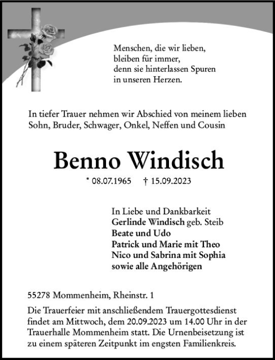 Traueranzeige von Benno Windisch von Allgemeine Zeitung Mainz