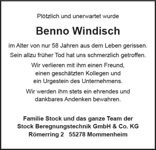 Traueranzeige von Benno Windisch von Allgemeine Zeitung Mainz