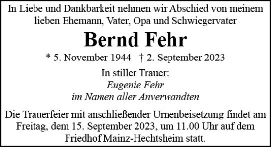 Traueranzeige von Bernd Fehr von Allgemeine Zeitung Mainz