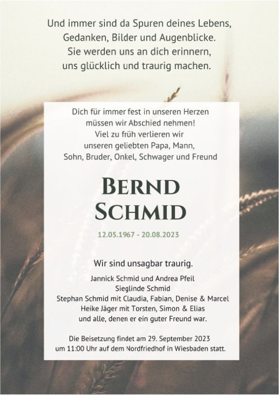 Traueranzeige von Bernd Schmid von Wiesbadener Kurier