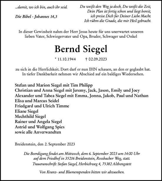 Traueranzeige von Bernd Siegel von Hinterländer Anzeiger