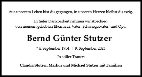 Traueranzeige von Bernd Günter Stutzer von Wiesbadener Kurier