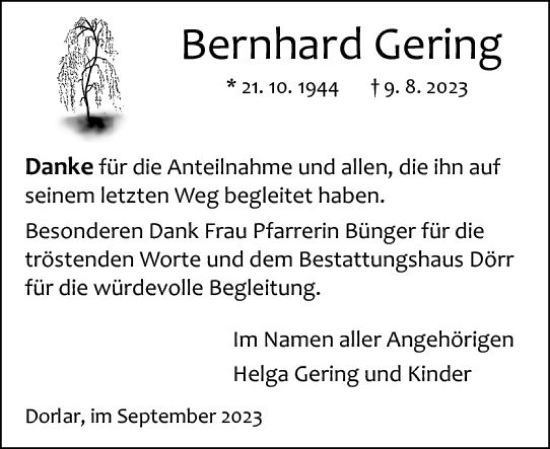 Traueranzeige von Bernhard Gering von Wetzlarer Neue Zeitung