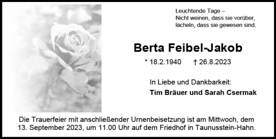 Traueranzeige von Berta Feibei-Jakob von Wiesbadener Kurier