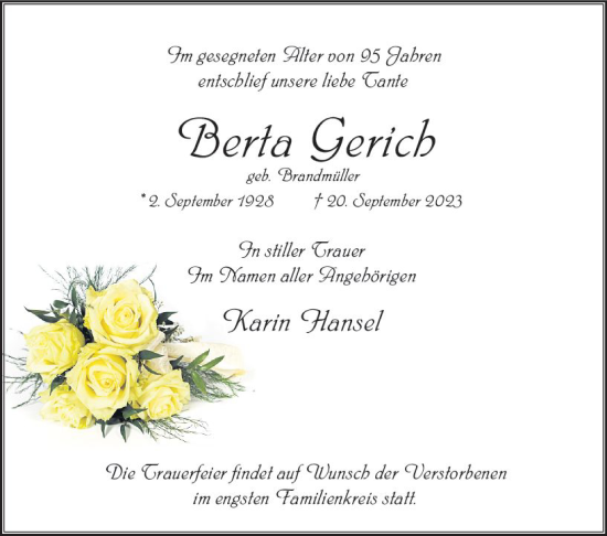 Traueranzeige von Berta Gerich von Wiesbadener Kurier