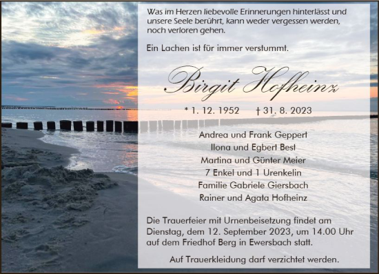 Traueranzeige von Birgit Hofheinz von Dill Block