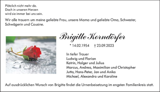 Traueranzeige von Brigitte Korndörfer von Darmstädter Echo