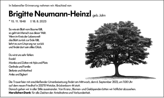 Traueranzeige von Brigitte Neumann-Heinzl von Wetzlarer Neue Zeitung