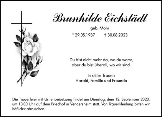 Traueranzeige von Brunhilde Eichstädt von Allgemeine Zeitung Alzey