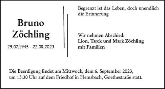 Traueranzeige von Bruno Zöchling von Darmstädter Echo