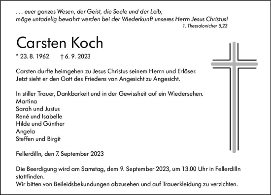 Traueranzeige von Carsten Koch von Dill Block