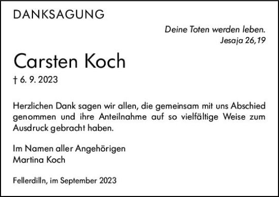 Traueranzeige von Carsten Koch von Dill Block