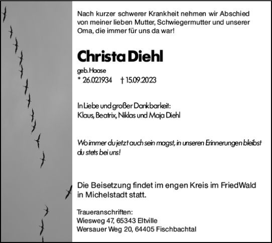 Traueranzeige von Christa Diehl von Darmstädter Echo